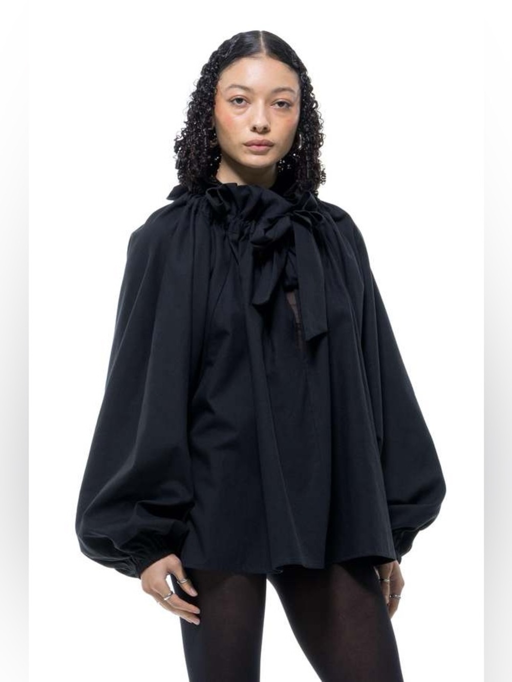 Dark Navy Gathered-Neck Balloon-Sleeve Blouse with Front Tie